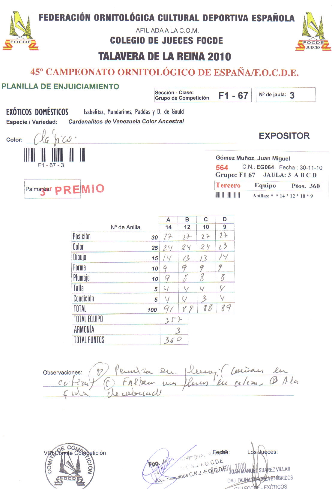 Planilla Medalla de BRONCE Nacional FOCDE 2010 Equipos.